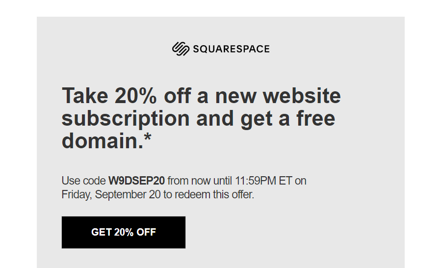 W9DSEP20 20% off squarespace promo code with free domain.